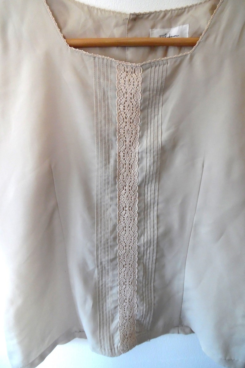reworked cream lace top Beige silky blouse top button up blouse top stone lace trim vintage short sleeve square collar crochet