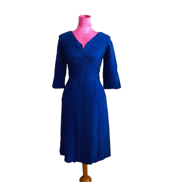 Navy Sapphire Blue Susan Small Vintage 1950s Linen