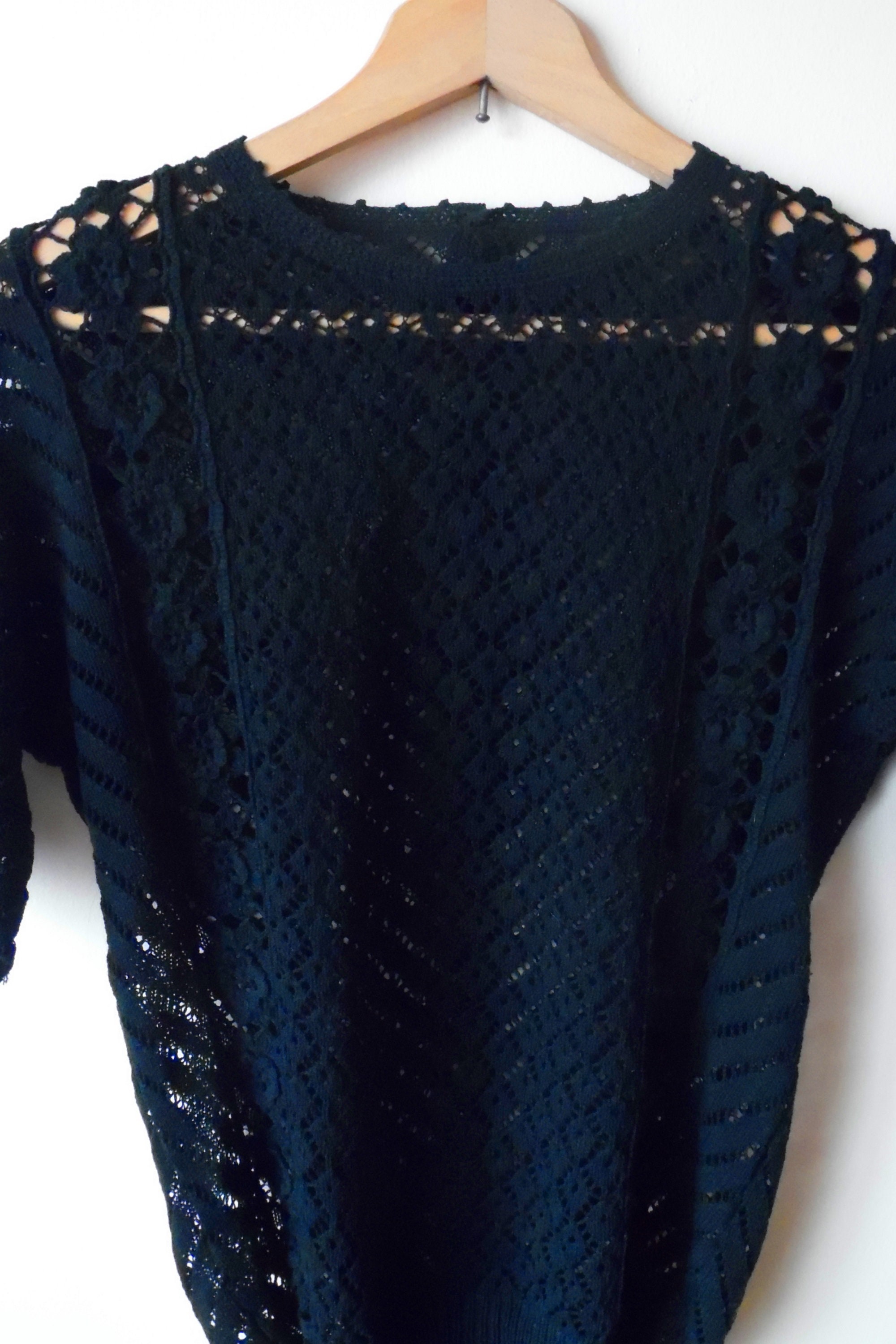 Black Lace/Crochet Flower Vintage Short Sleeve Button Top | Etsy