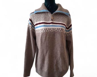 Jersey de punto islandés con cremallera de un cuarto y rayas en azul crema avena y granate de los años 90 RETREAT