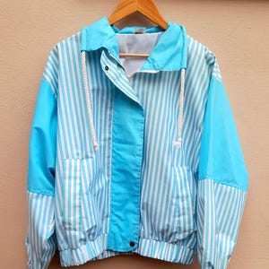 Vintage 80s Blue White Stripe Polycotton Light Summer Jacket