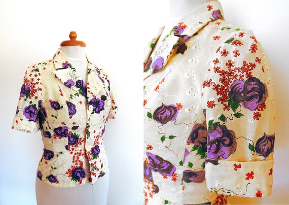 Broderie anglaise blouse, cream, embroidered, purp