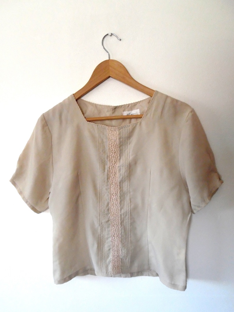 reworked cream lace top Beige silky blouse top button up blouse top stone lace trim vintage short sleeve square collar crochet