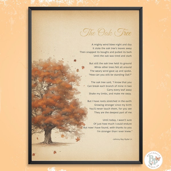 The Oak Tree Poem Print Johnny Ray Ryder Jr Resilience Poem Classic Inspirational Poetry Gift For Nature Lovers Unique Unframed Wall Art