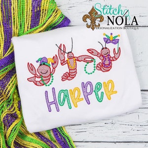 Mardi Gras Crawfish With Beads Trio, Crawfish Sketch Embroidery, Cajun Mardi Gras Shirt, Mardi Gras Shirt