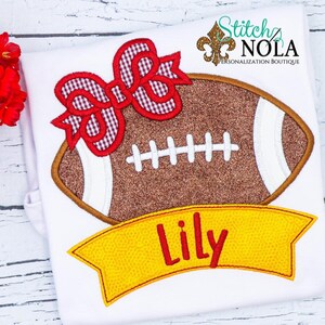 Football with Bow and Name Banner Shirt, Personalized Girls Football Shirt, Maroon and Gold Football Shirt