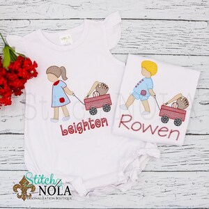 Baseball Wagon Sketch Embroidery, Girl with Baseball Wagon, Boy with Baseball Wagon, Baseball Sketch Embroidery