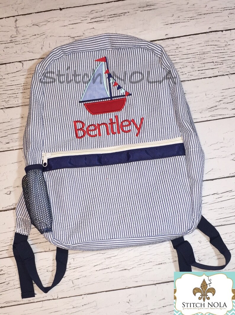 School Bag Book Bag Seersucker Diaper Bag Diaper Bag Seersucker Backpack with Sailboat Seersucker School Bag Backpack Seersucker Bag