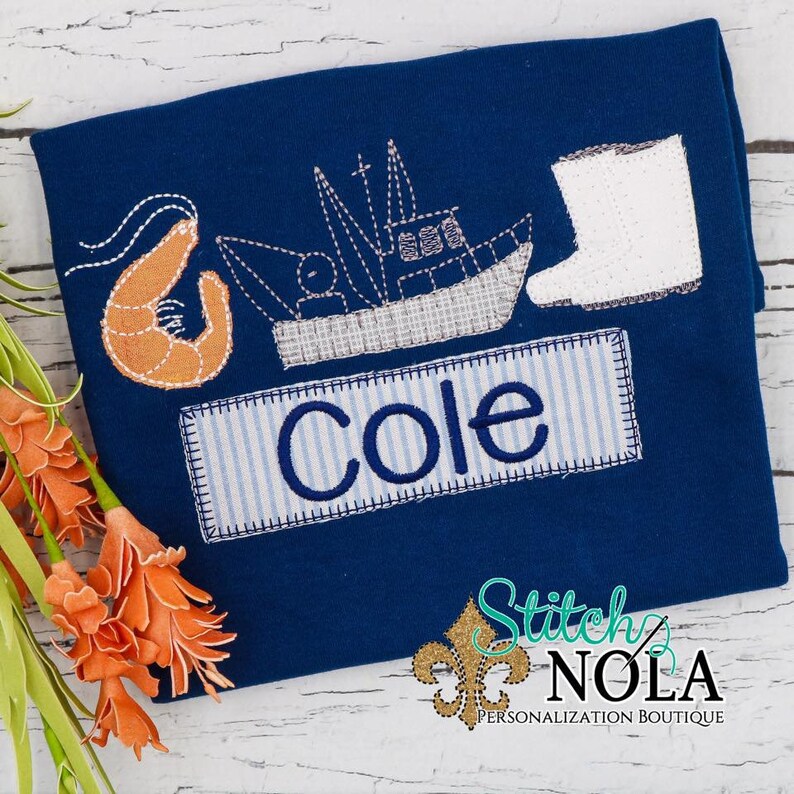 Shrimp Boat Trio With Name Patch Applique Shrimping Shirt Etsy