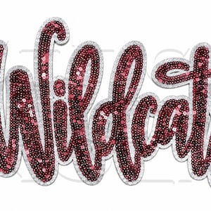 May include: A decorative patch featuring the word Wildcats in a cursive script, constructed from dark maroon sequins with a silver sequin border. A small black square logo in the top right corner displays the text STITCH NOLA EMBROIDERY & PRINTING SINCE 2014.