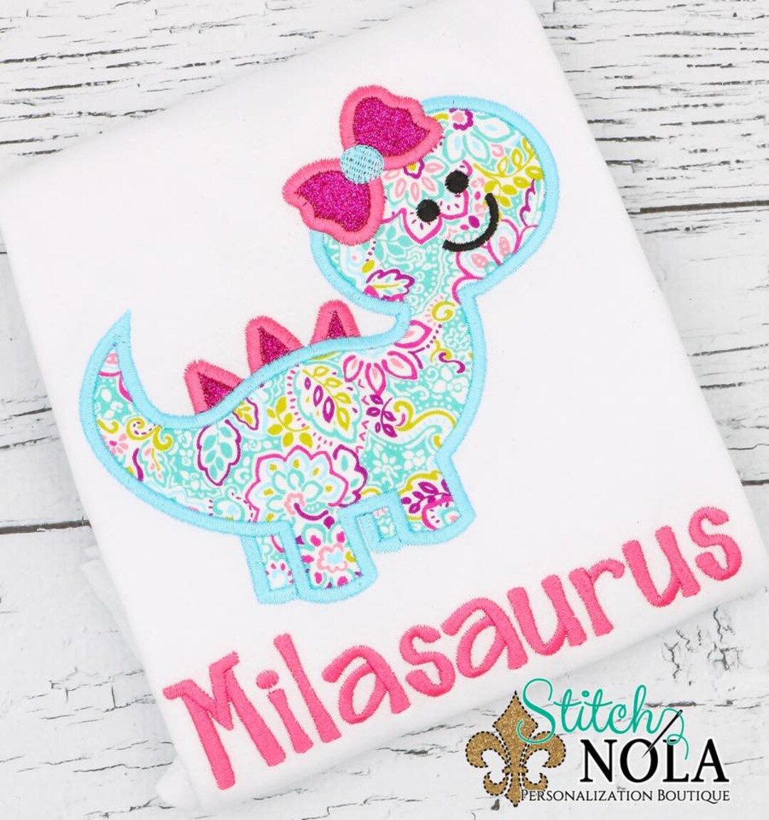 Girl Dinosaur Applique, Dinosaur With Bow Applique, Girly Dinosaur ...