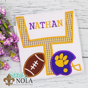 Purple and Gold Goal Post with Tiger Paw Helmet & Football T-Shirt or Bodysuit