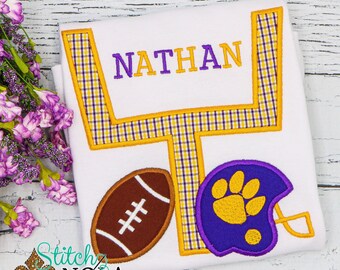 Purple and Gold Goal Post with Tiger Paw Helmet & Football T-Shirt or Bodysuit