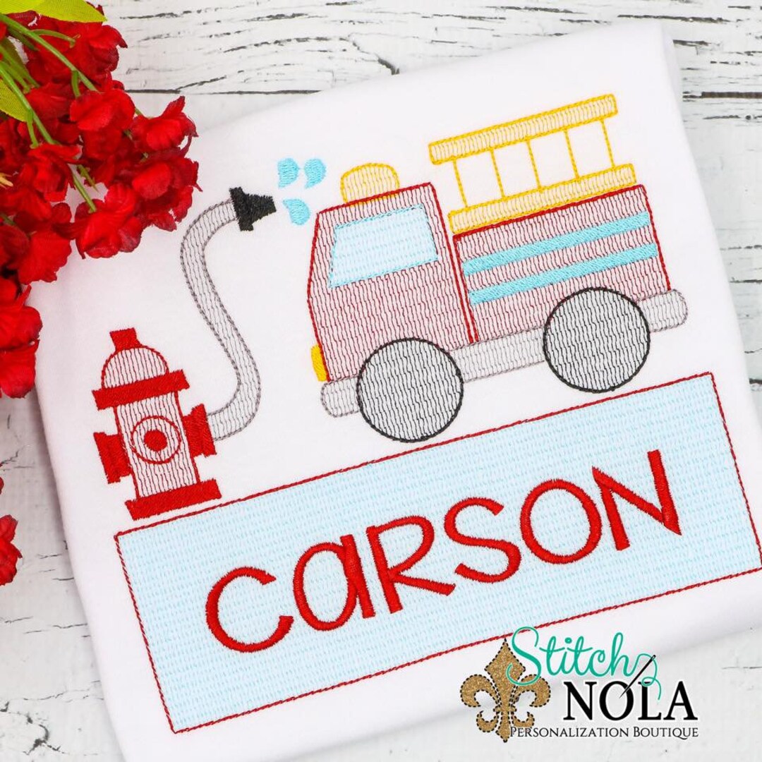 Fire Truck Sketch Embroidery, Fire Truck Embroidery, Fire Truck Shirt