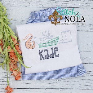 Shrimp Boat and Boots Sketch Embroidered Top, Shrimping Shirt, Monogrammed Shrimp Tee