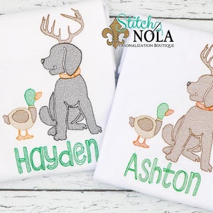 Lab with Antlers and Duck Sketch Embroidery, Dog Deer Duck Sketch Embroidery