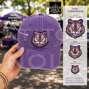 May include: A purple baseball cap featuring a sequined tiger head patch. The patch displays a tiger face in purple, gold, and white sequins. A size comparison chart shows the tiger patch in adult, kids, and mini sizes, with the mini size measuring approximately 3 inches wide.