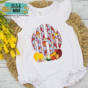 May include: White baby onesie with a monogram of the letters "MHM" in a circle. The circle is filled with a pattern of red crawfish, blue and white gingham, and yellow lemons. The letters are outlined in red. There are various other food items around the circle, including corn, garlic, lemons, and red peppers.