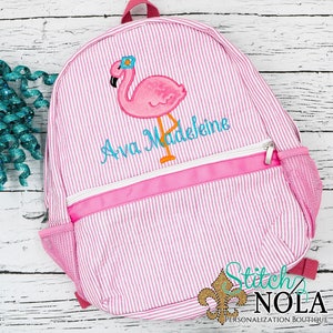 Seersucker Backpack with Flamingo, Seersucker Diaper Bag, Seersucker School Bag, Seersucker Bag, Diaper Bag, School Bag, Book Bag, Backpack