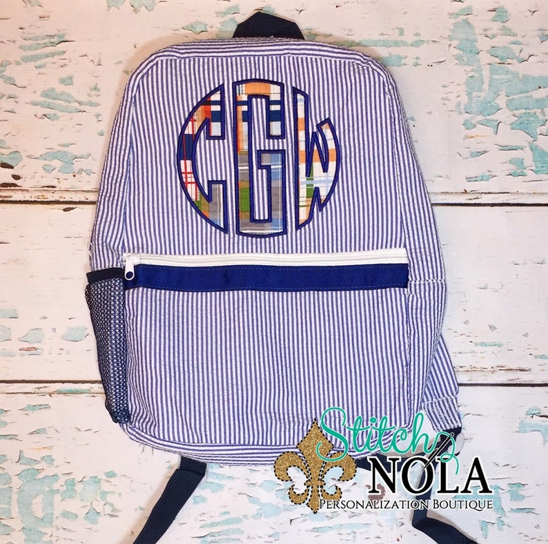 Seersucker Diaper Bag School Seersucker Backpack with Circle Monogram in Madras Plaid Seersucker Bag Diaper Bag Seersucker School Bag