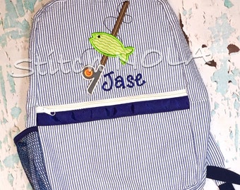 Seersucker Backpack with Fish and Fishing Pole, Seersucker Diaper Bag, Seersucker School Bag, Seersucker Bag, Diaper Bag, School Bag