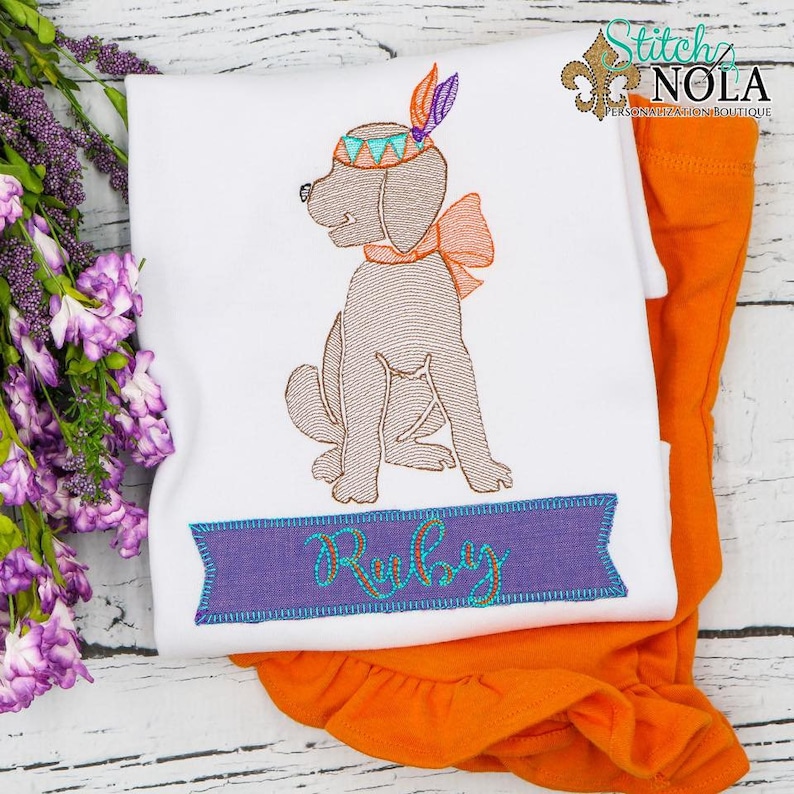 Indian Headdress Embroidery Indian Dog Sketch Girl Dog Thanksgiving Outfit Indian Dog Vintage Embroidery Shirt and Shorts Set