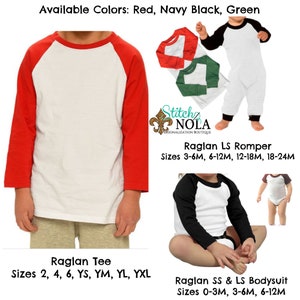 May include: A white, red, and black raglan baseball tee shirt with long sleeves. The shirt is available in sizes 2, 4, 6, YS, YM, YL, and YXL. A white raglan bodysuit with long sleeves and black trim is also shown. The bodysuit is available in sizes 0-3M, 3-6M, and 6-12M. A white raglan romper with long sleeves and black trim is also shown. The romper is available in sizes 3-6M, 6-12M, 12-18M, and 18-24M.