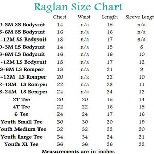 May include: Raglan size chart for baby and youth clothing, showing chest, waist, length, and sleeve length measurements in inches.