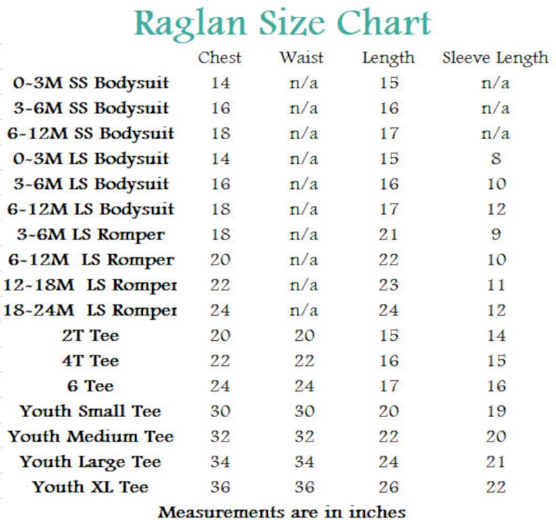 May include: Raglan size chart for baby and youth clothing, showing chest, waist, length, and sleeve length measurements in inches.