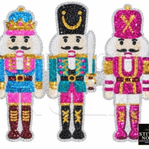 May include: Three sequined nutcracker patches featuring vibrant colors including blue, pink, gold, and black. The left nutcracker wears a crown, the center one a tall black hat with a sword, and the right one a pink hat. Text reads STITCH NOLA.