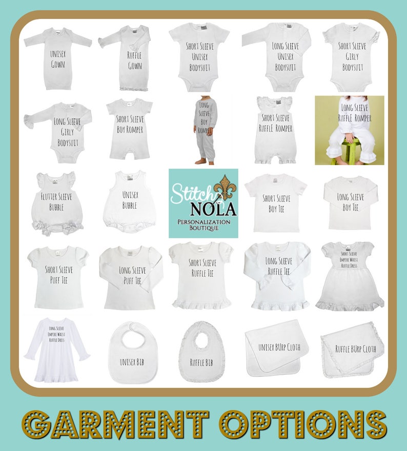 Puede incluir: Un gr&aacute;fico con diferentes opciones de prendas para beb&eacute;s y ni&ntilde;os peque&ntilde;os, incluyendo batas, mamelucos, camisetas, baberos y pa&ntilde;ales. El gr&aacute;fico est&aacute; titulado "Opciones de prendas" y presenta un logotipo para Stitch Nola Personalization Boutique.