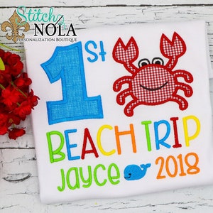 1st Beach Trip Shirt Personalized with Name and Year, Gown  Bodysuit Romper or Bubble baby infant