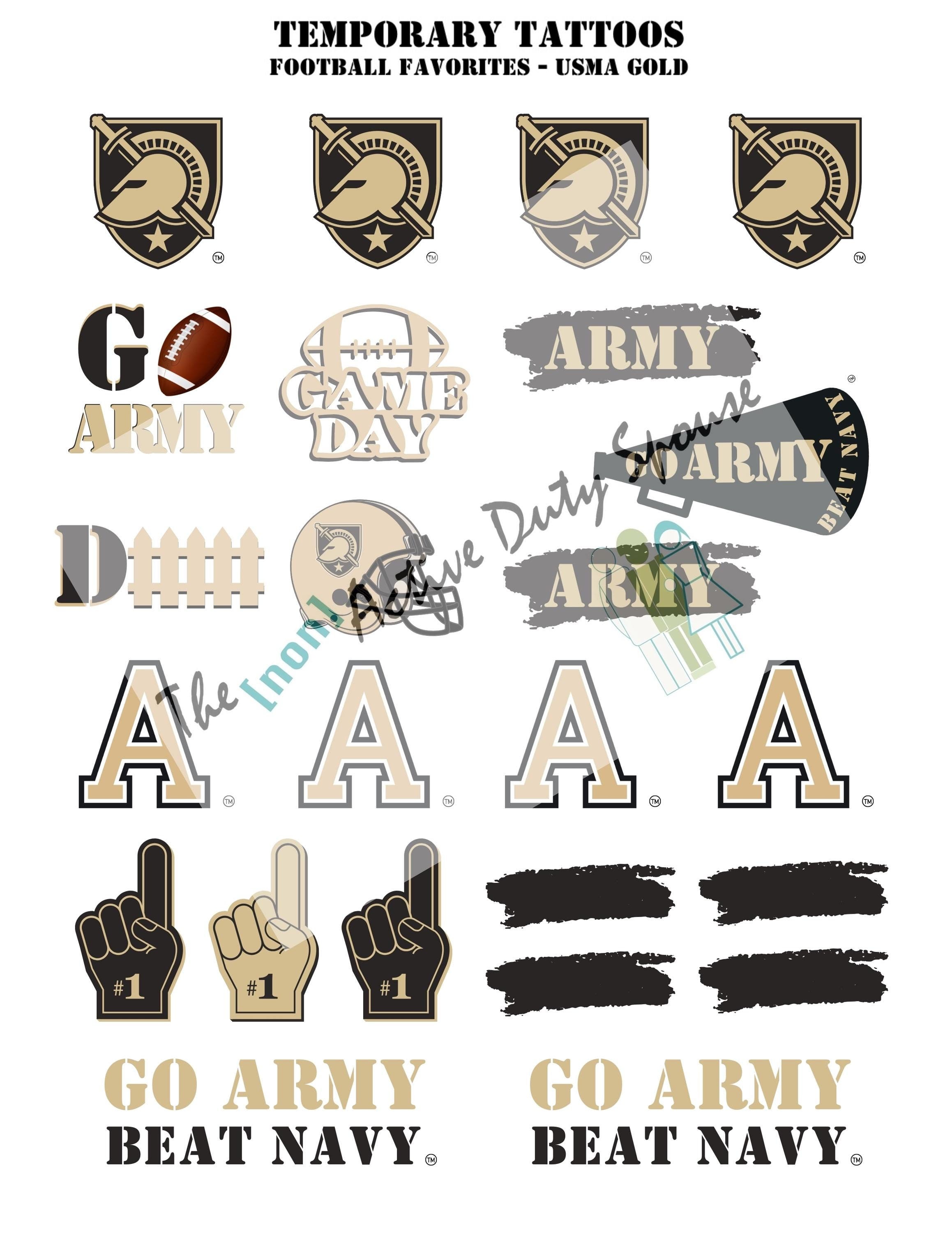 USMA Gold Temporary Tattoos - West Point, Go ARMY football, BlackJack the Mule, Eye Black, Megaphone, College sports Spirit, Licensed