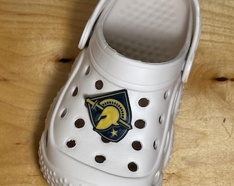 shoe charm USMA West Point, plastic clog charm, Athena Shield, Black and Gold, ARMY football Spirit wear