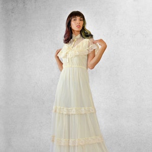 Gunne Sax Style Cream Lace Maxi a 1970's sleeveless wedding dress with wide, capelet neckline image 1