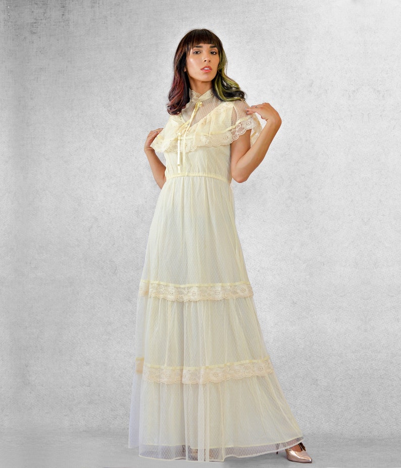 Gunne Sax Style Cream Lace Maxi a 1970's sleeveless wedding dress with wide, capelet neckline image 1