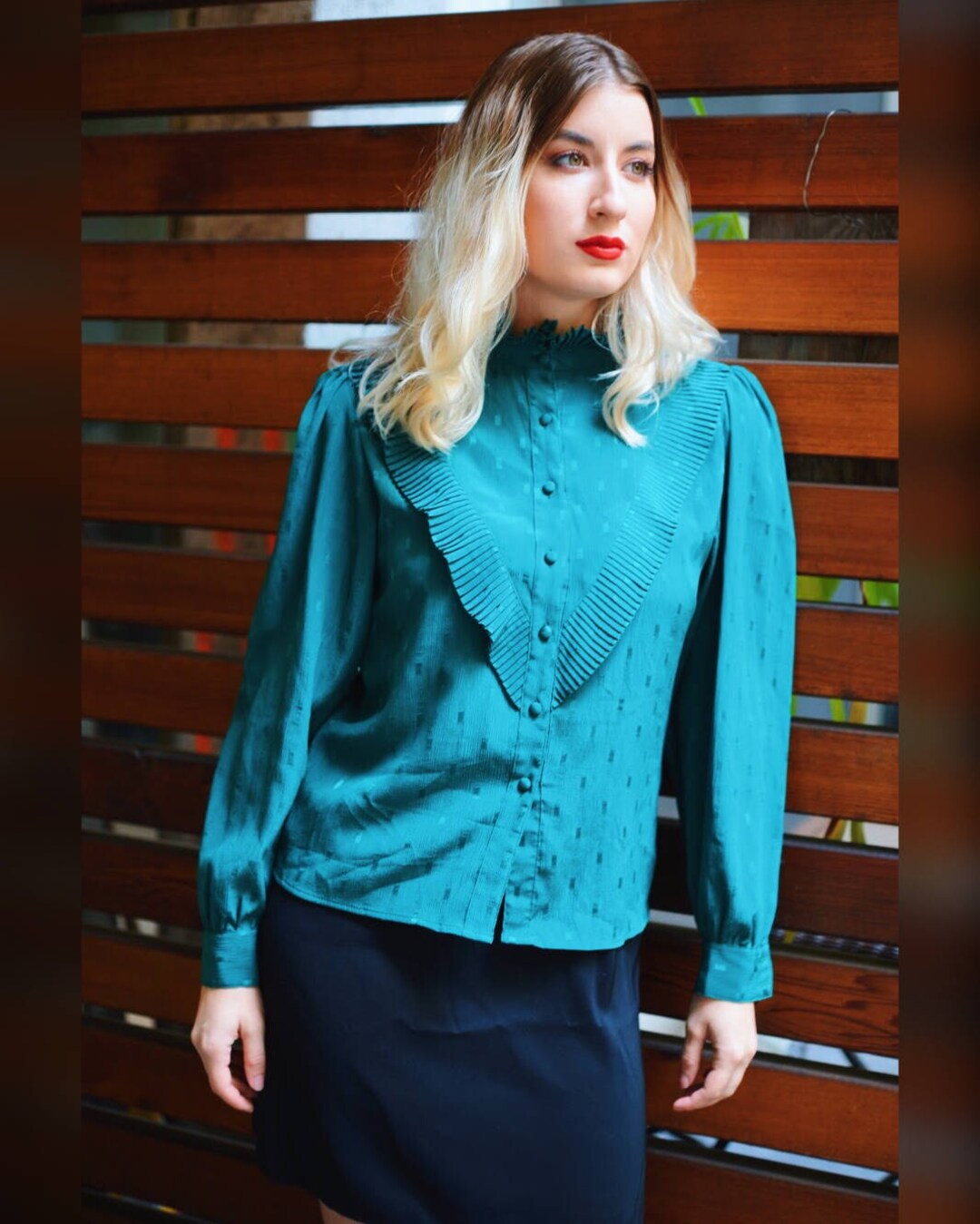 90’s Emerald Green Bedazzled Button Down Blouse by La Fete main image 0