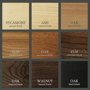 May include: A wood sample chart displaying various wood types and finishes. The wood types include Sycamore, Ash, Oak, Elm, and Walnut. The finishes include natural, ice brown, chocolate, charcoal, and black.