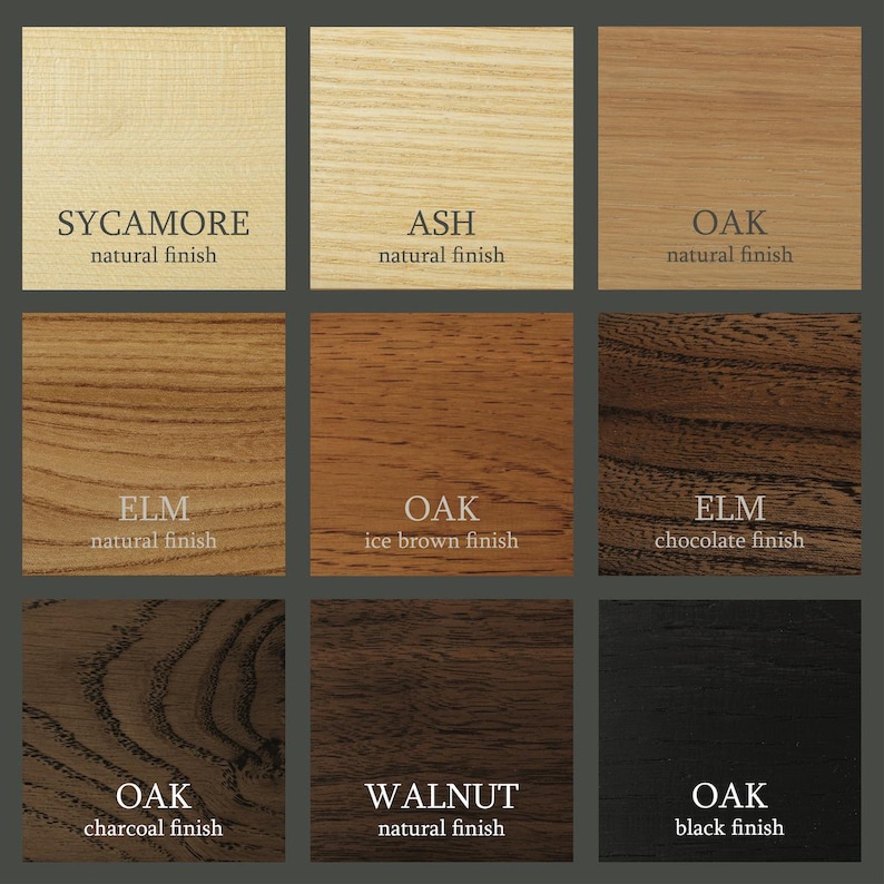 May include: A wood sample chart displaying various wood types and finishes. The wood types include Sycamore, Ash, Oak, Elm, and Walnut. The finishes include natural, ice brown, chocolate, charcoal, and black.