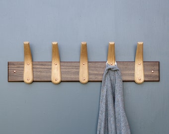 Wood Coat Rack Handmade English Oak Coat Hooks with Walnut Backboard