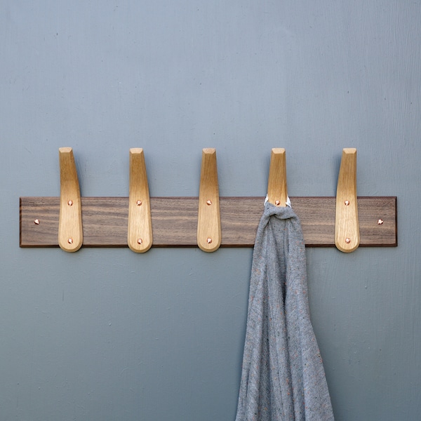 Wood Coat Rack Handmade English Oak Coat Hooks with Walnut Backboard