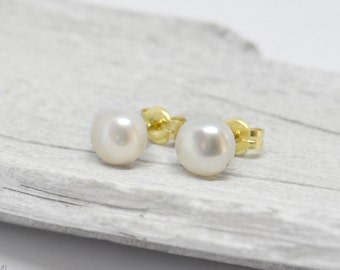 White pearl  gold studs earrings, gold studs with pearls