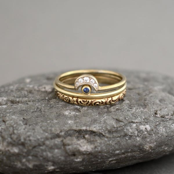 Stacking solid gold half moon rings, gold stack half moon rings, gold rings set, sapphire stack ring,