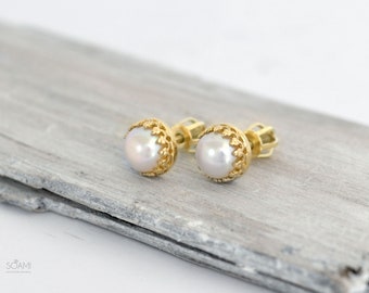 Gold pearl studs, pearl stud earrings solid gold,  whitte gold pearl studs, rose gold pearl studs earrings