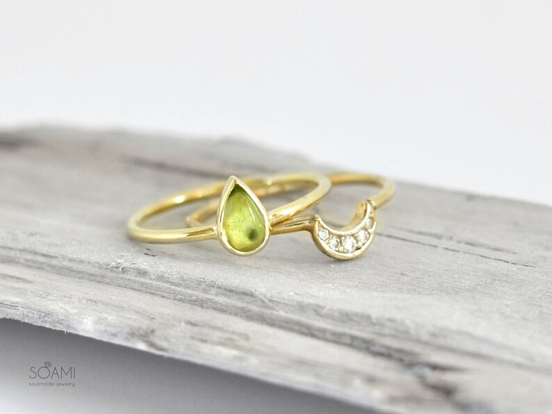 Stacking teardrop gold ring peridot contour ring set olivine engagement ring set half moon and tear drop peridot ring