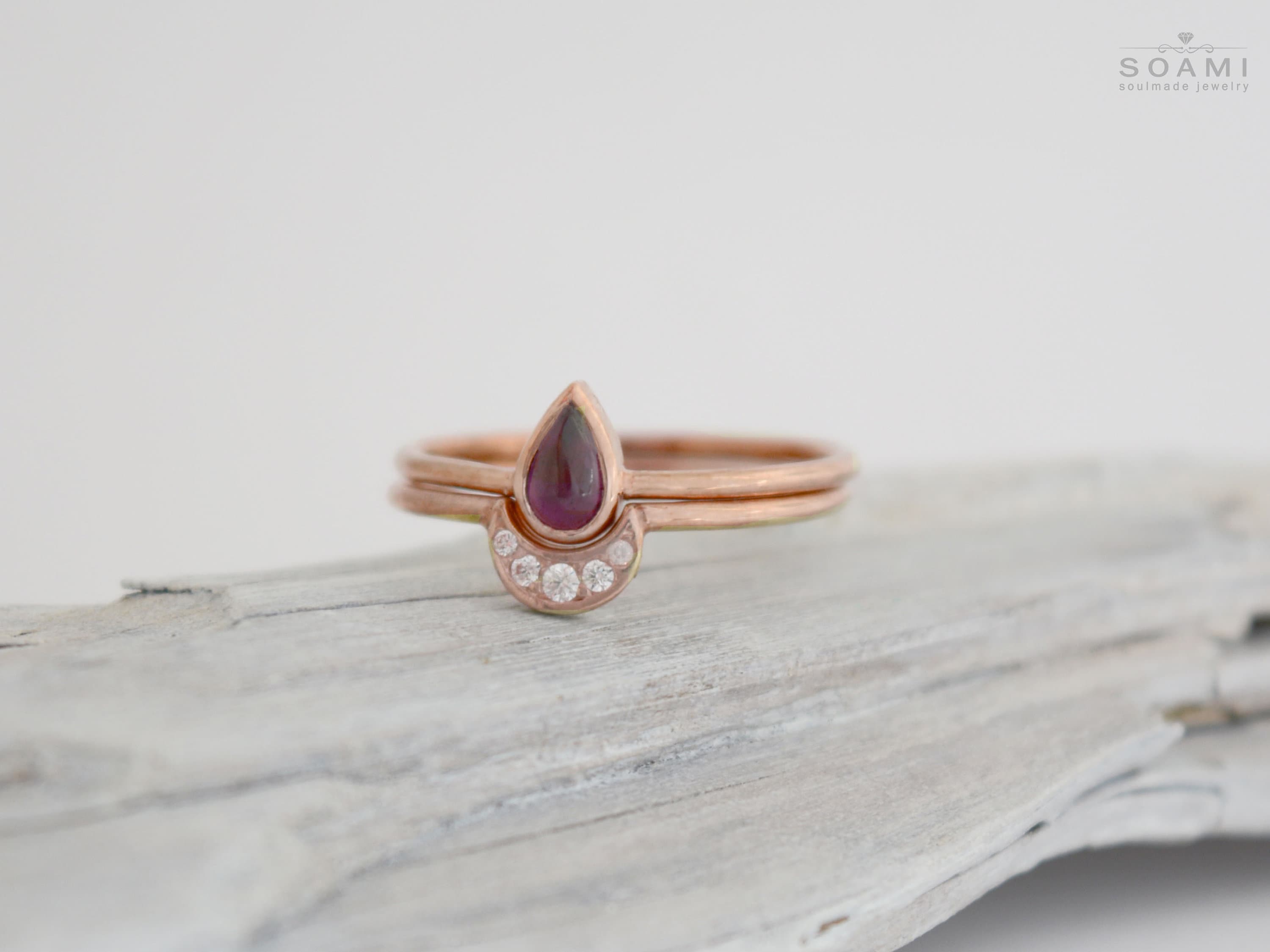 14Kゴールドガーネットリングセット：ティアドロップ＆ハーフムーン