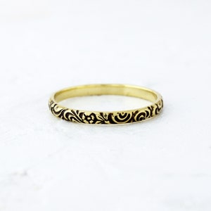 Delicate 14k solid gold band ring floral ornament, stackable gold band ring, rose gold floral ornament ring