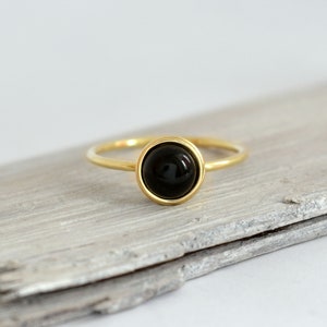 14k solid gold black onyx ring, statement gold black gem ring, black gem gold ring image 1