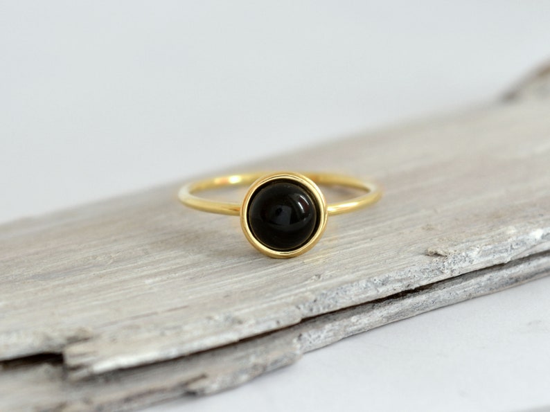 14k solid gold black onyx ring, statement gold black gem ring, black gem gold ring image 1