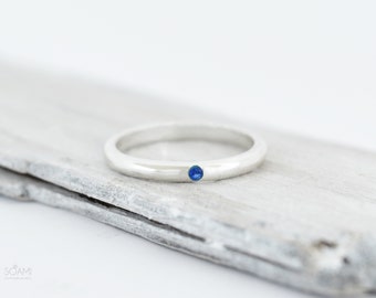 Sapphire Sterling Silver Band Ring: Minimalist Rhodium Plated
